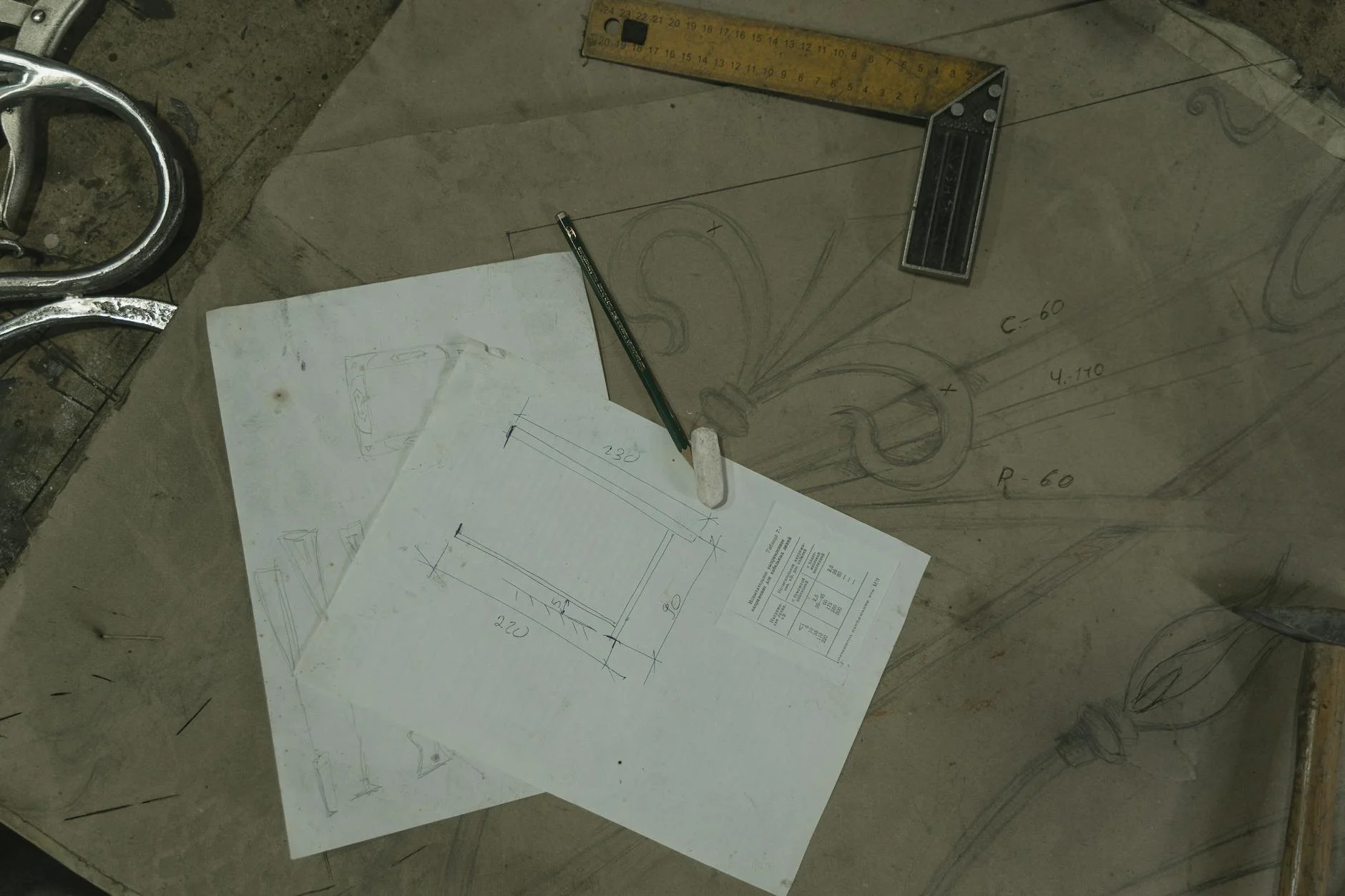 Architecture blueprint with pencil and ruler on a planning desk