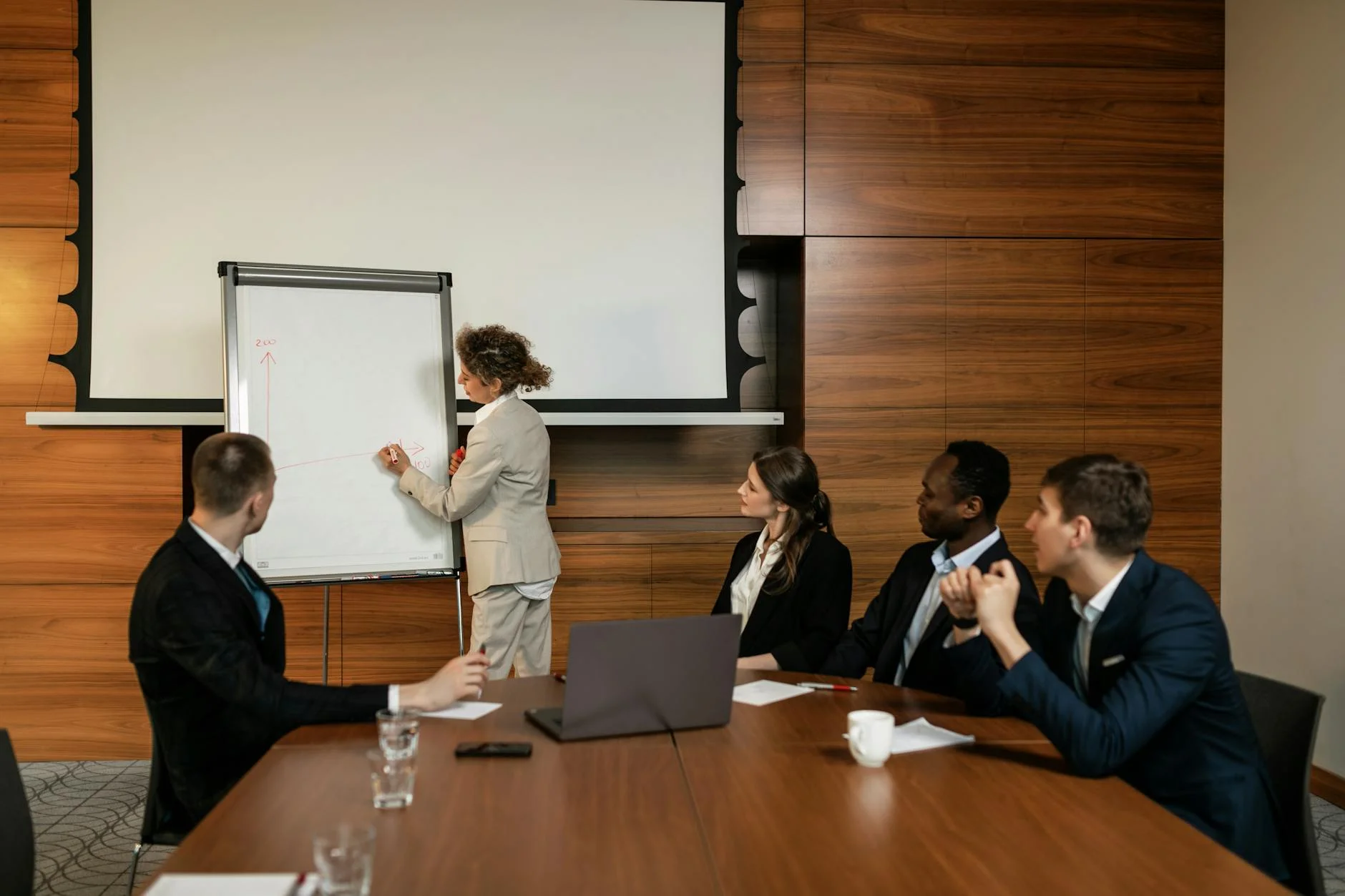 A whiteboard with strategy charts and notes in an empty boardroom