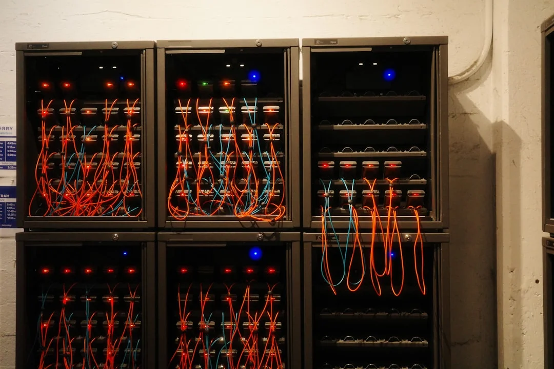A server rack with organized network cables representing API infrastructure handling incoming traffic