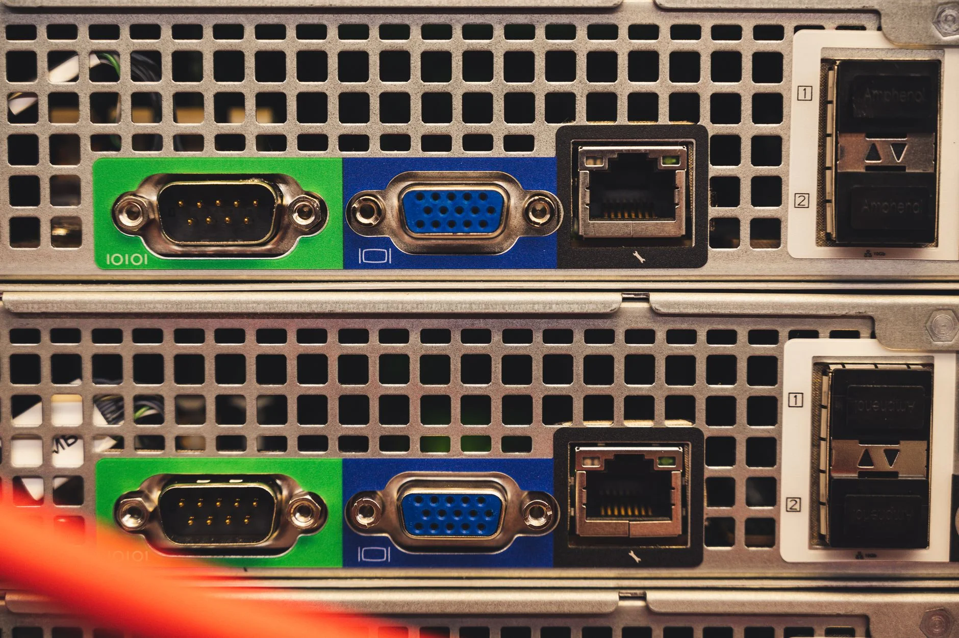 A rack of network servers with organized cabling in a data center