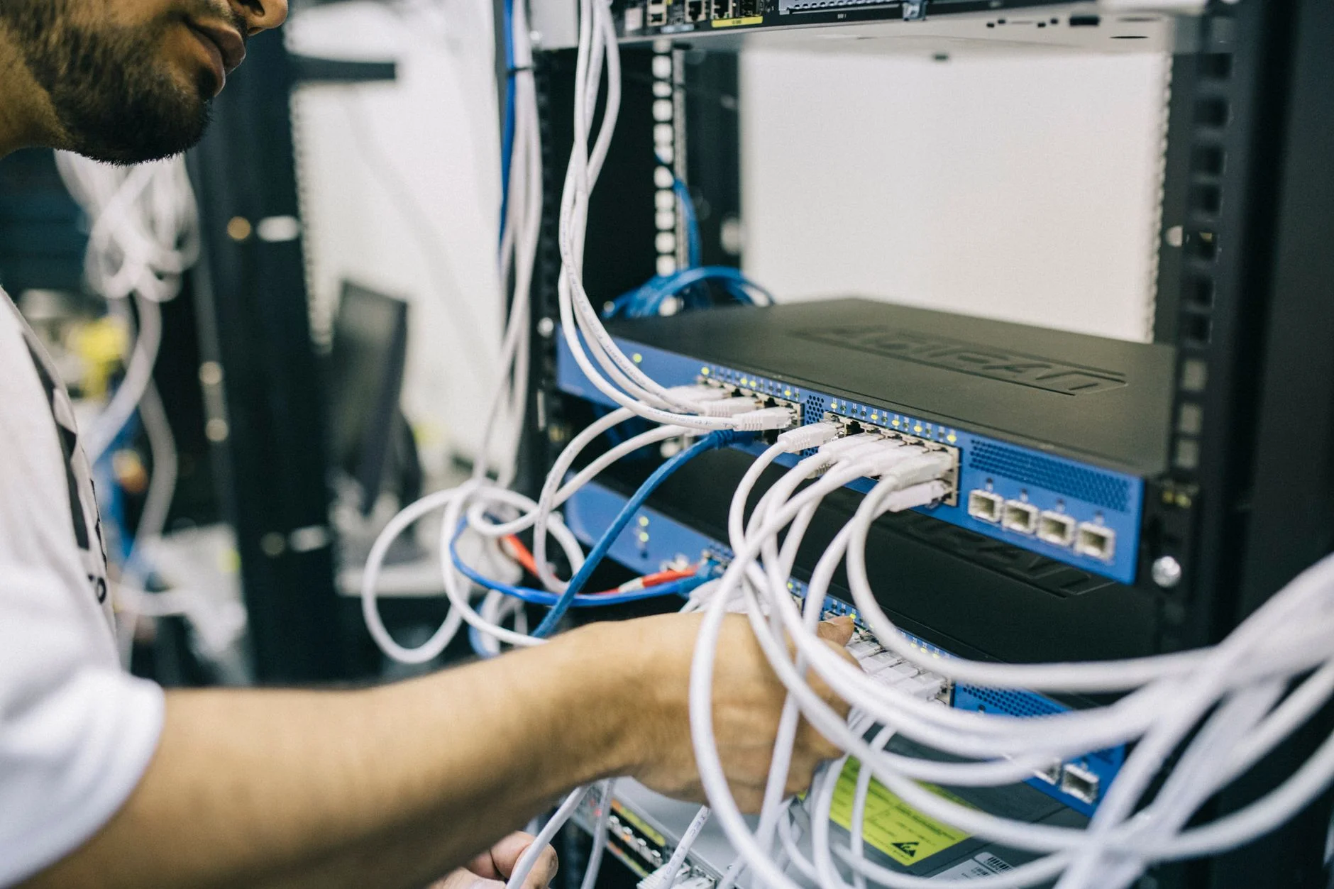 A server rack with organized cables in a data center